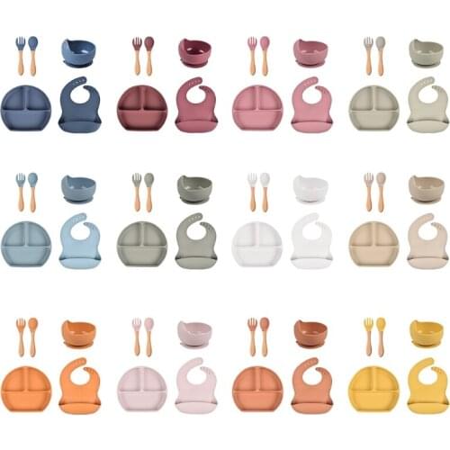 Null 5 Pcs Baby Silicone Bibs Divided Dinner Plate Sucker Bowl Spoon Fork Set Training Feeding Food Utensil Dishes Tableware Kit
