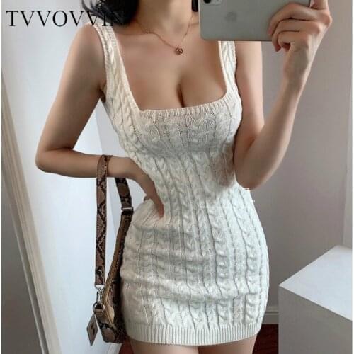 Sexy Low-cut Square Collar Flat Shoulder Autumn Knitted Vest Hip Slim Elegant Mini Tank Dress Girl Female Stripe TW8M