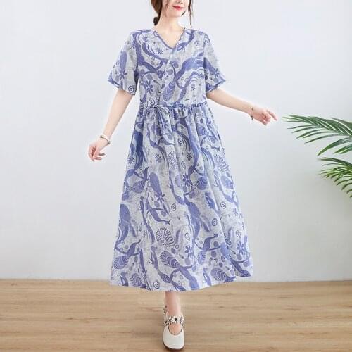 Women Summer Cotton Linen Dress Floral Printed Pockets Drawstring V-Neck Short Sleeves Casual Loose Temperament Ladies Dresses