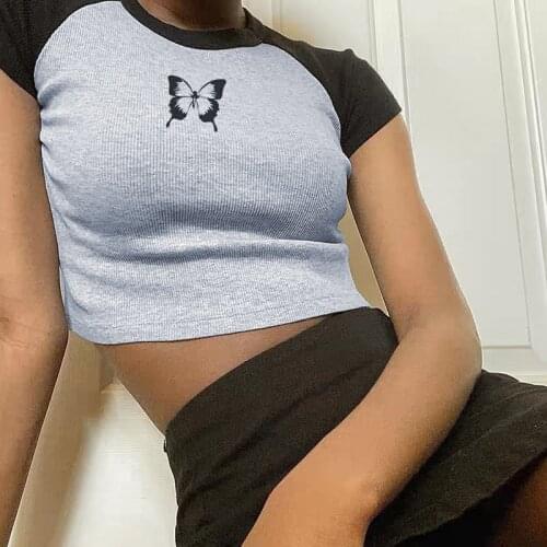 DropShopping Butterfly Print Cropped Tshirt Women Casual Patchwork Short Sleeve T-shirt Ladies Summer Korean Fashion Streetwear