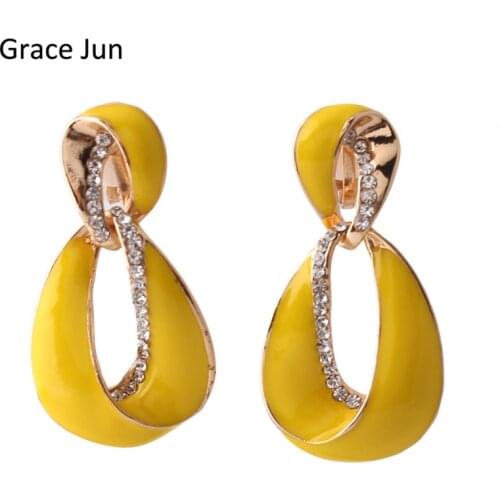 Grace Jun New Arrival Big Statement Rhinestone Enamel Geometric Hollow-out Clip on Earrings No Pierced Elegant Ear Clip