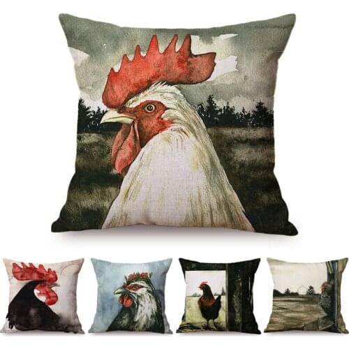 Nordic Farm Animal Mural Cock Chicken Home Decorative Cushion Cover Hen Painting Print Cotton Linen Car Sofa Throw Pillow Cover