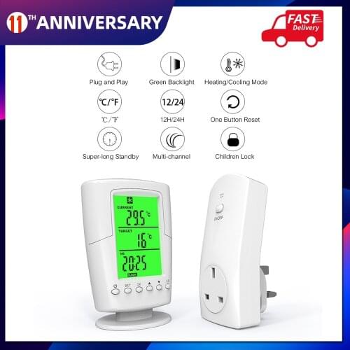 Smart Wireless Remote Control Thermostat+ Plug in Socket Heating Cooling Program Temperature Controller with LCD Backlight