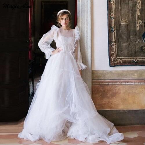 Magic Awn Chic Long Sleeve Wedding Dresses Shiny Ruffles Illusion Princess Boho Bridal Gowns Sweep Train Beach A-Line Robes