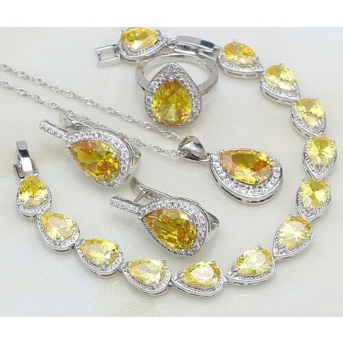 925 Silver Jewelry Yellow Cubic Zirconia White CZ Bridal Jewelry Sets For Women Stud Earrings/Ring/Pendant/Necklace/Bracelet