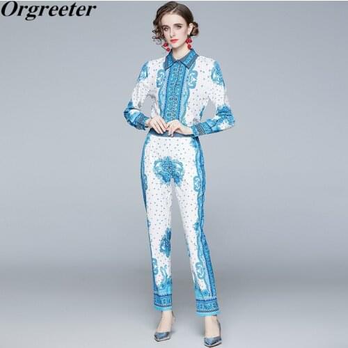 Runway Design Fashion Shirt Pants Suits Spring Fall New Blue Print Slim Shirt Blouse and Pencil Pants Two piece set Female