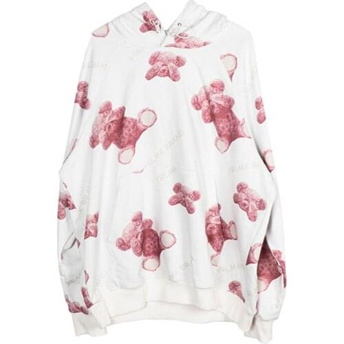 PERHAPS U Women Hooded Pullover Thin Bear Print White Pink Autumn Spring H0072