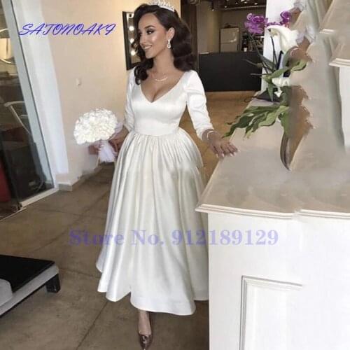 Aliexpress France V Neck Short Wedding Dress 3/4 Long Sleeve White Satin A-Line Tea Length Bride Gown Backless Vestidos De Novia