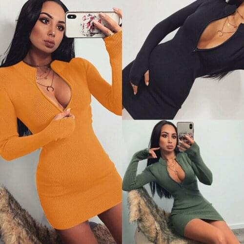 Spring Fall Knitting Ribbed Women Dress Solid Color Zipper Up Stretch Bodycon Pencil Short Mini Dresses Party Club Streetwear