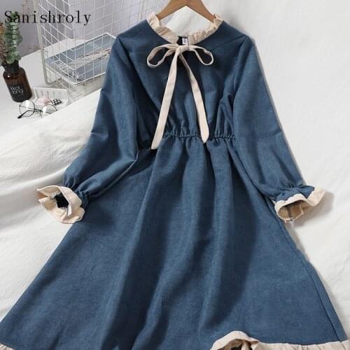 2021 Korean Sweet Tie Bow Fungus A Line Dress Women Elastic High Waist Long Dress Female Flare Sleeve Spring Autumn Dresses
