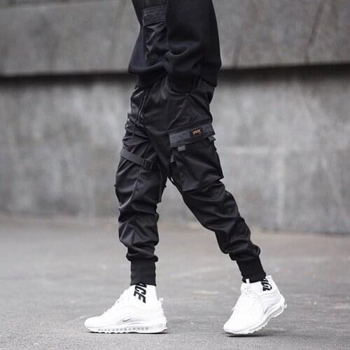 2021 Hip Hop Casual Pockets Cotton Track Pants Male Harajuku Fashion Trousers Ribbons Harem Joggers Men Cargo Pants Streetwear