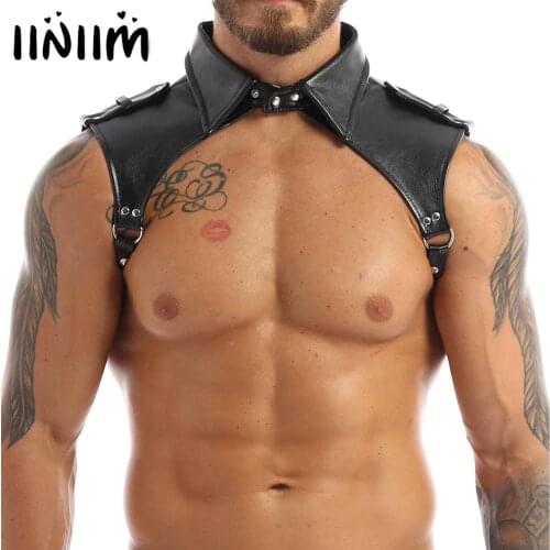 Men Leather Harness Erotic Lingerie Adjustable Lapel Muscle Half Tank Top Sexy Hollow Out Chest Backless Male Bondage Costume