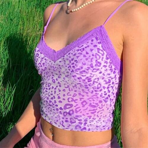 E-girl Y2K Purple Leopard Print V-neck Lace Camis Tops Sweet Fashion Spaghetti Strap Backless Women Summer Crop Tops 2021 New