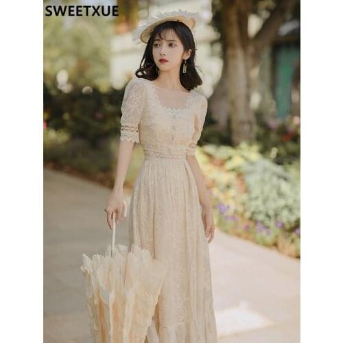 SWEETXUE 2021 French Retro Dress Super Fairy A-line Square Collar Lace Embroidery Hollow Out Fashion Elegant Long Dress Female