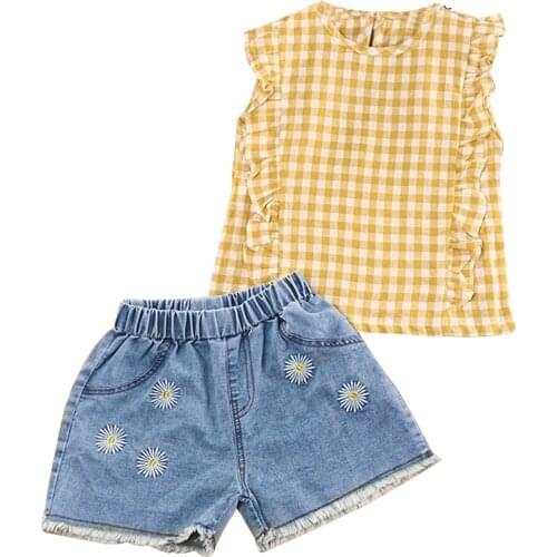 Fashion 2-6Y Children Clothing Summer Kid Baby Girl Clothes Outfit Plaid Ruffle Sleeveless T shirt Denim Shorts 2pcs