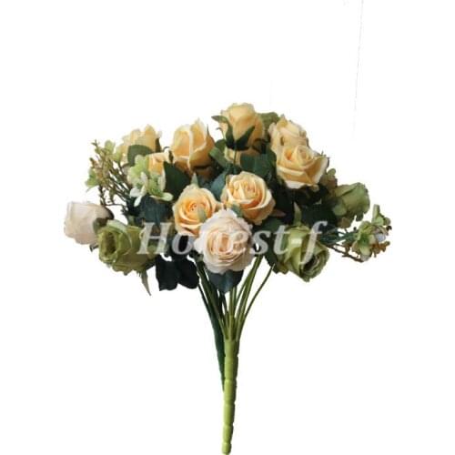 Artificial Multi-Coloured Rose Silk Flowers Bounquet Mixed Arrangement, Home Hotel Room Wedding Decoration(Yellow,White,Green)
