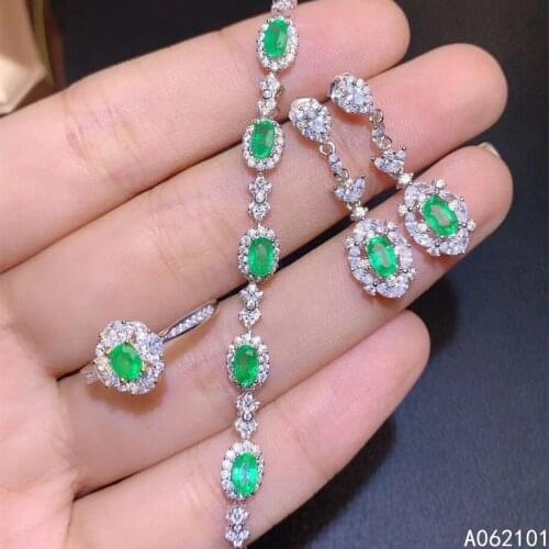 KJJEAXCMY fine Jewelry 925 sterling silver inlaid natural Emerald trendy ring earring bracelet set support test Chinese style