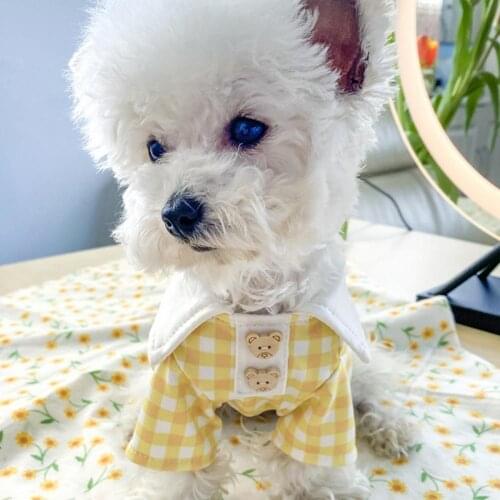 Summer Pet T-Shirt Lopvely Plaid Printing Turn-down Collar Polyester Buttons Two-legged Puppy Costume Blouse for Daily Life