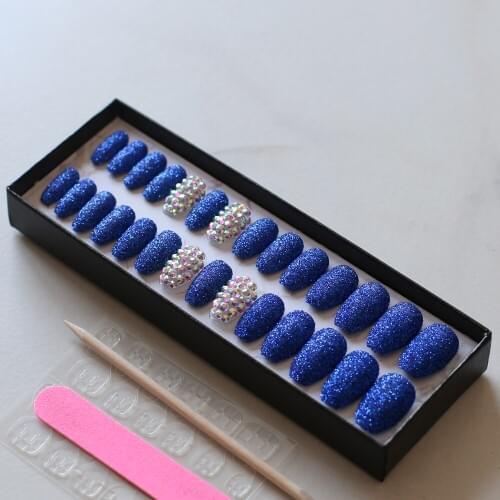 Black Box Ballet Coffin fake nails Full crystal Diamond black glitter blue red wedding nails 28pcs Full set coffee false nails
