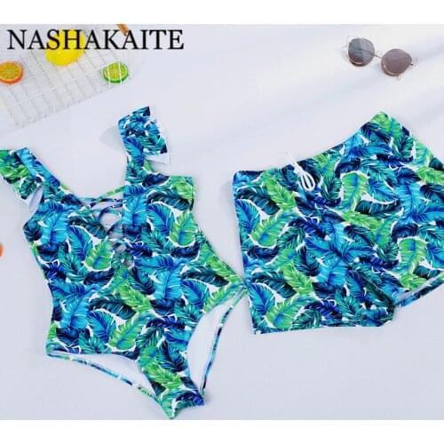NASHAKAITE Couple Swimsuit Leaf Coconut tree Womens Swimsuits Men Drawstring Beach Swimming Shorts Matching couple outfits