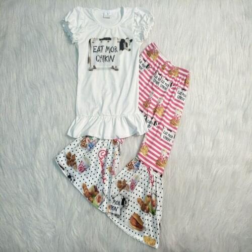 New arrival girl fashion outfit white top with cow printed hamburger pattern bell pants clothing set