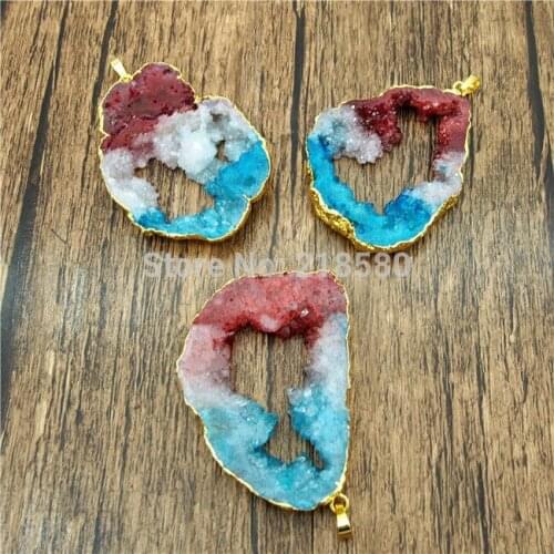 P15052224 Color Block Crystal Blue Red WHITE Geode Crystal Pendant Gold Electroplated Pendant
