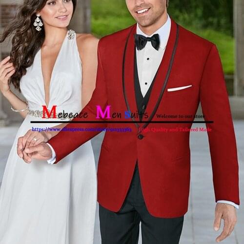 Casual Red Men Suits One Button Shawl Lapel 3 Pcs Prom Suits Fashion Slim Fit Groomsmen Tuxedos Blazers Men (Jacket+Pant+Vest)