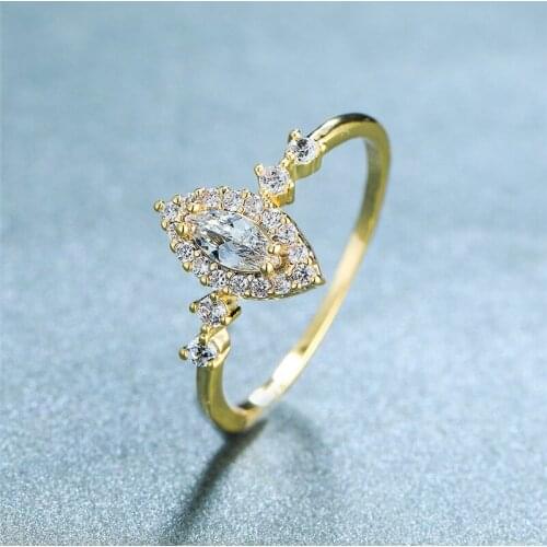 Luxury Female White Crystal Stone Ring Yellow Gold Thin Wedding Rings For Women Promise Bridal Leaf Engagement Ring