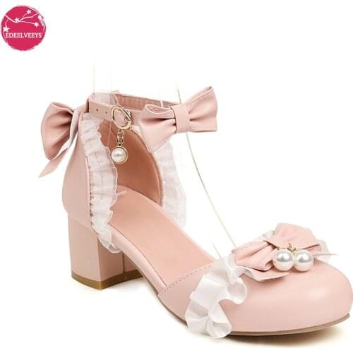 Japanese Sweet Lolita Tea Party Sandals Lace Flounce Trim Bowtie Mary Jane High Heel Shoes Princess Cosplay Fashion Tide