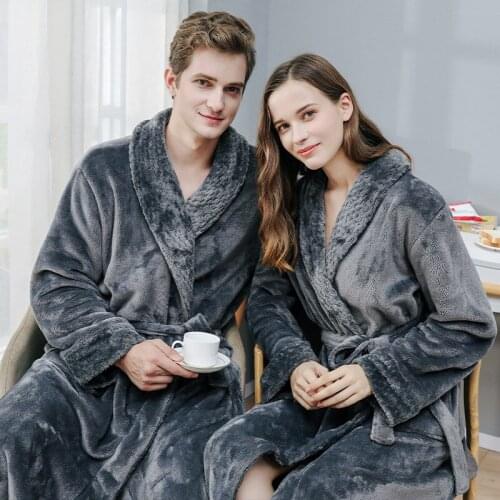 Autumn and winter couples flannel stitching warm nightgown for men and women with thicker and longer plus size bathrobes Simple