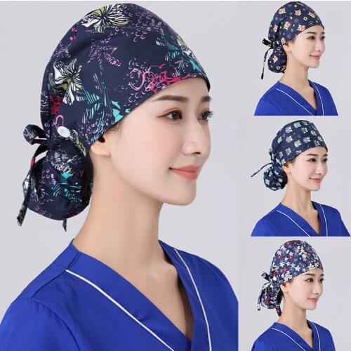 Women Men Surgicals Cap Adjustable Cotton Anime Printing Tie Back Working Nursing Hat Beautician Nurse Scrubs Caps with Buttons