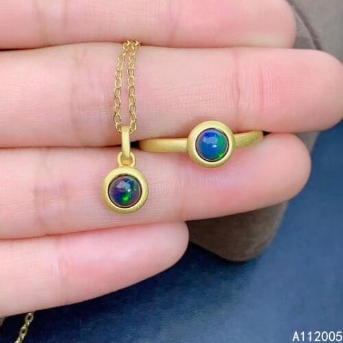 KJJEAXCMY Fine Jewelry 925 Sterling Silver Inlaid Natural black opal Gemstone Luxury Ring Necklace Pendant Set Support test