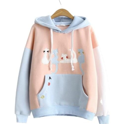 Merry Pretty Women Hooded Sweatshirt Winter Cartoon Cat Embroidery Hoodies Casual Long Sleeve Pullover Hoodies Tracksuit Female
