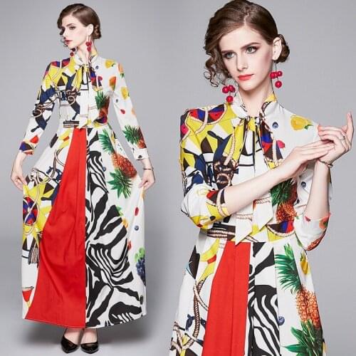 Spring Summer Fall Runway Floral Zebra Print Patchwork Tie Neck Long Sleeve Women Ladies Party Casual A-Line Maxi Beach Dress