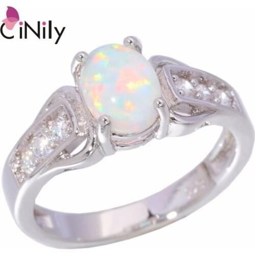 CiNily Created White Fire Opal Cubic Zirconia Silver Plated Wholesale for Women Jewelry Wedding Party Ring Size 6 7 8 9 OJ8284