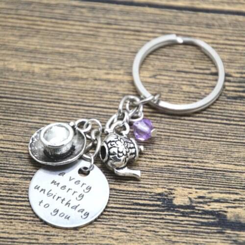 12pcs/lot Alice in Wonderland inspired unbirthday keyring A very merry unbirthday to you Tea Party Fairytale Jewlery