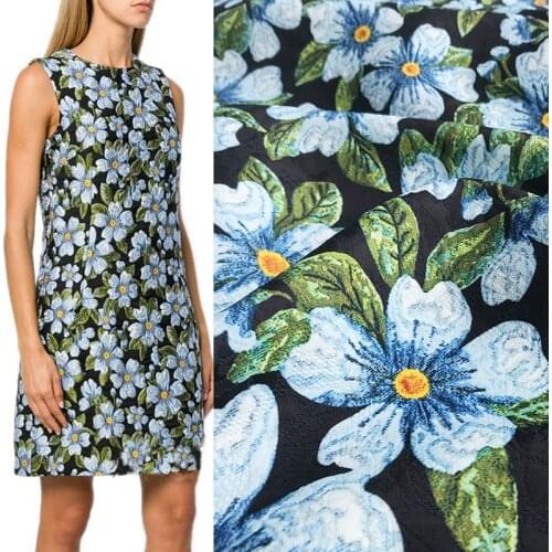 145cm Width Fashion Blue Small Flower Printed Thin Jacquard Fabric For Woman Dresses Coat DIY Cloth Sewing Material