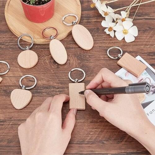 40 Pcs Wooden Blank Key Chain Tags Rectangle/Heart/Oval/Flat Round Wood Keychains for DIY Craft Making
