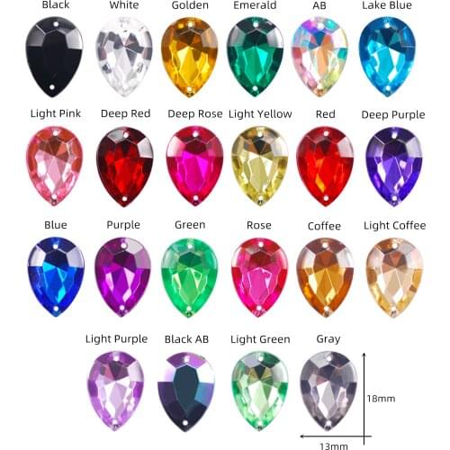 50pcs/lot Nice Clear Acrylic Sew On Rhinestone Teardrop Shape 13*18mm Colourful Crystal Point back Stones Strass for Clothing