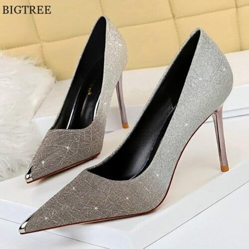 Metal Pointed Toe Women Pumps Fashion 6/9.5cm High Heels For Ladies Dress Shoes Sequined Cloth Bling Wedding Woman Shoes Shallow