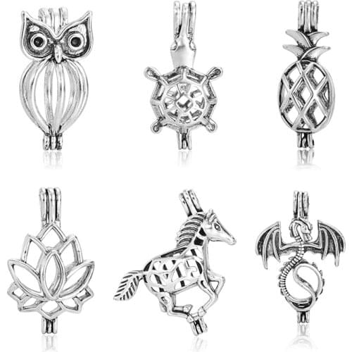6Pcs/set Antique Silver Color Dragon Carriage Elephant Heart Pearl Bead Cage Essential Oil Diffuser Locket Pendant For Jewelry