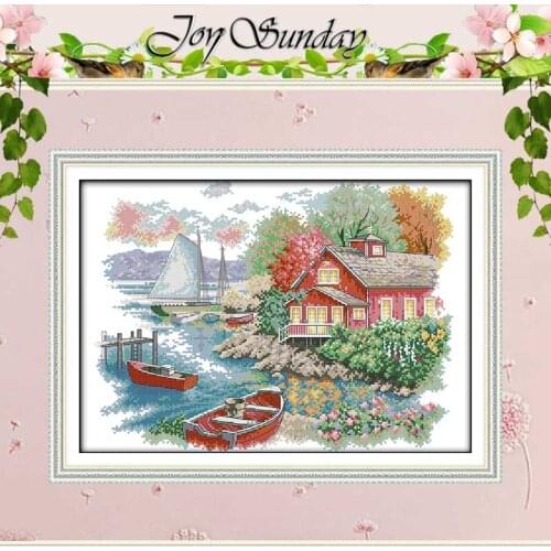 Lake House Scenery Patterns Counted Cross Stitch 11CT 14CT Printed Canvas Cross Stitch Set Wholesale Embroidery Needlework