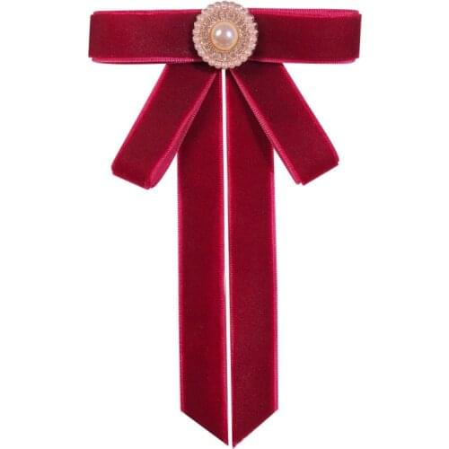 Korean Velvet Bow Tie Brooch Solid Color Fabric Pearl Crystal Laprl Pin Shirt Dress Cravat Vintage Jewelry for Women Accessories