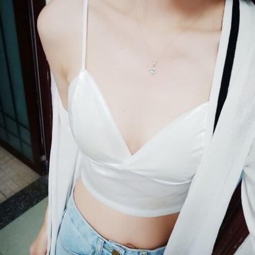 Sexy Satin Crop Tops Women Wireless Bralette Crochet Top Female Spaghetti Strap T-shirt Cropped with Chest Padded Camisole