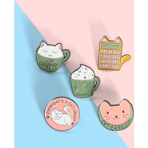 Cartoon Cute Animals Cat Enamel Brooch Coffee Cup Smiley Calculator Alloy Pins Custom Badge Clothes Sweet Accessories Jewelry
