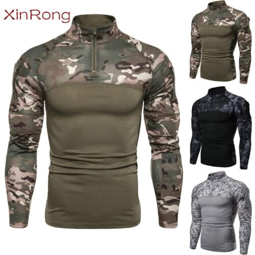 2021 mens outdoor fitness bottoming shirt military field male camouflage outdoor sport T-shirt long-sleeved zipper slim T-shirt