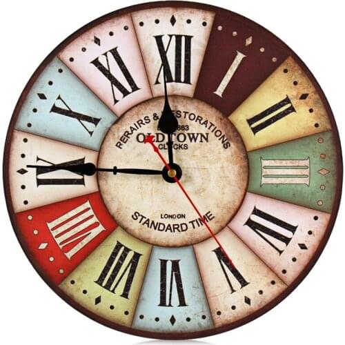 Non Ticking Handmade Crafts Colorful Roman Numeral Vintage Decor Wooden Wall Clock