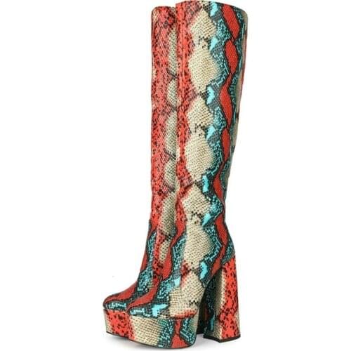 OLOMLB Womens Patent Leather Snake Pattern Mixed Colors Knee Thigh Boots Platform Super High 15CM Heel Shoes Plus Size 34-45