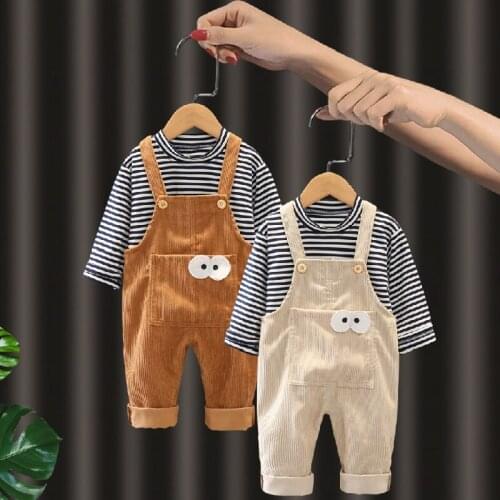 2021 autumn new baby cartoon big eye suspender pants childrens solid color long sleeve two-piece set boys and girls lovely set