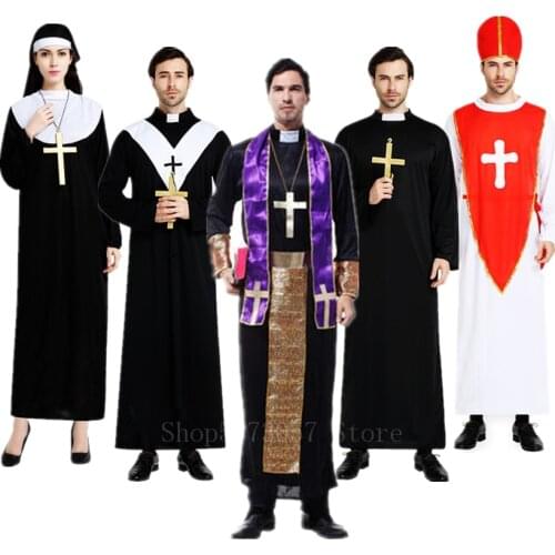Easter Purim Halloween Costume for Men Priest Bishop Costumes Christian Pastor Clergyman Cosplay Nun Women Carnival Long Robes